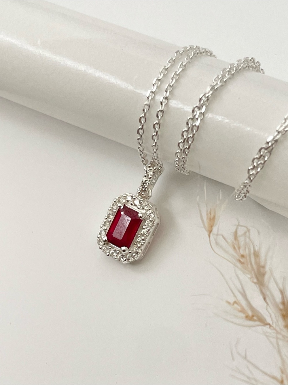 Natural Ruby emerald cut Halo pendant necklace in 925 Sterling Silver